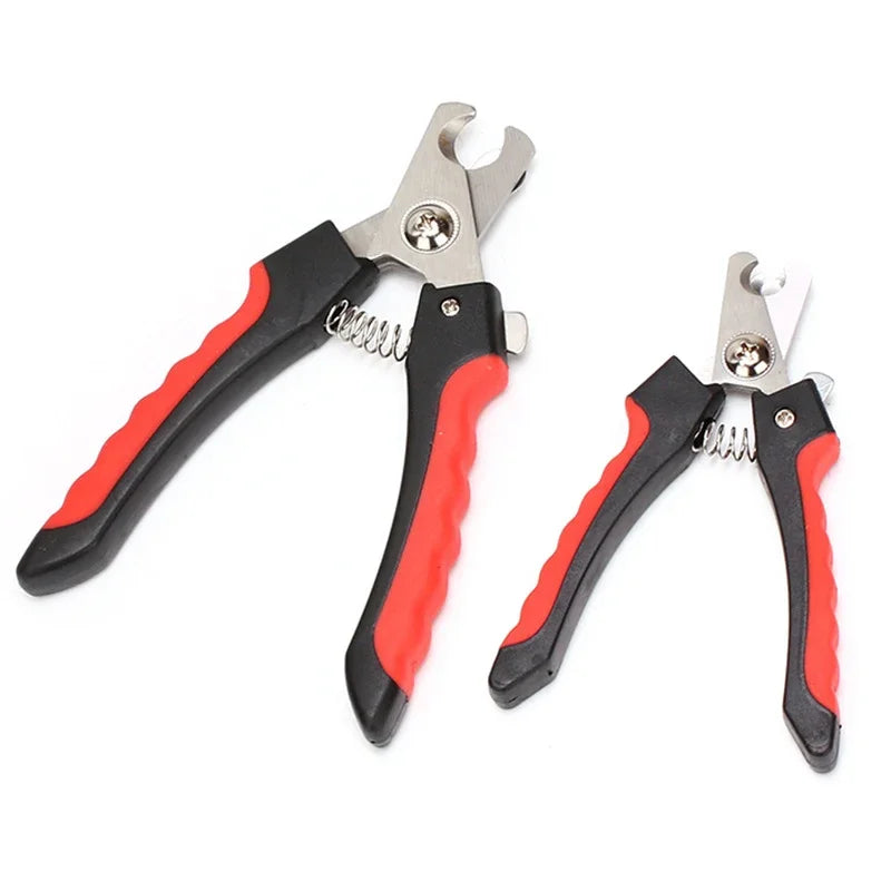 A pair of black and red stainless steel pet nail clippers for dogs and cats.