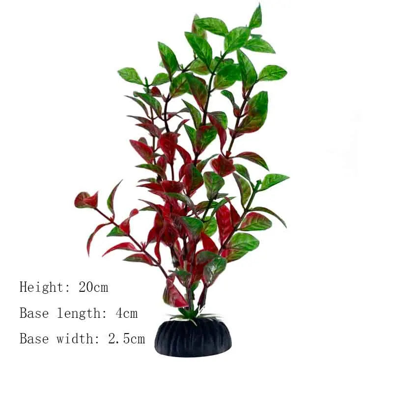 A vibrant artificial aquarium plant with green and red leaves displayed in a pot.