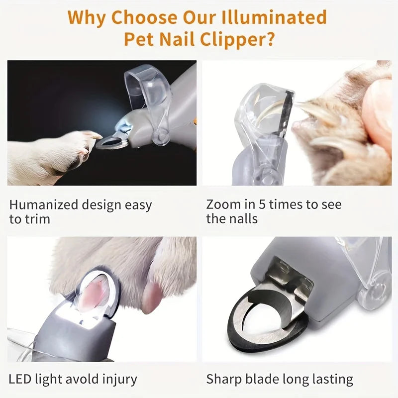 Cortacarnazos iluminado para mascotas, mostrando un primer plano de la herramienta y su uso en una pata de gato.