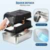 A black stainless steel litter box with a removable tray and a cleaning tool is shown, highlighting features like zero dead a