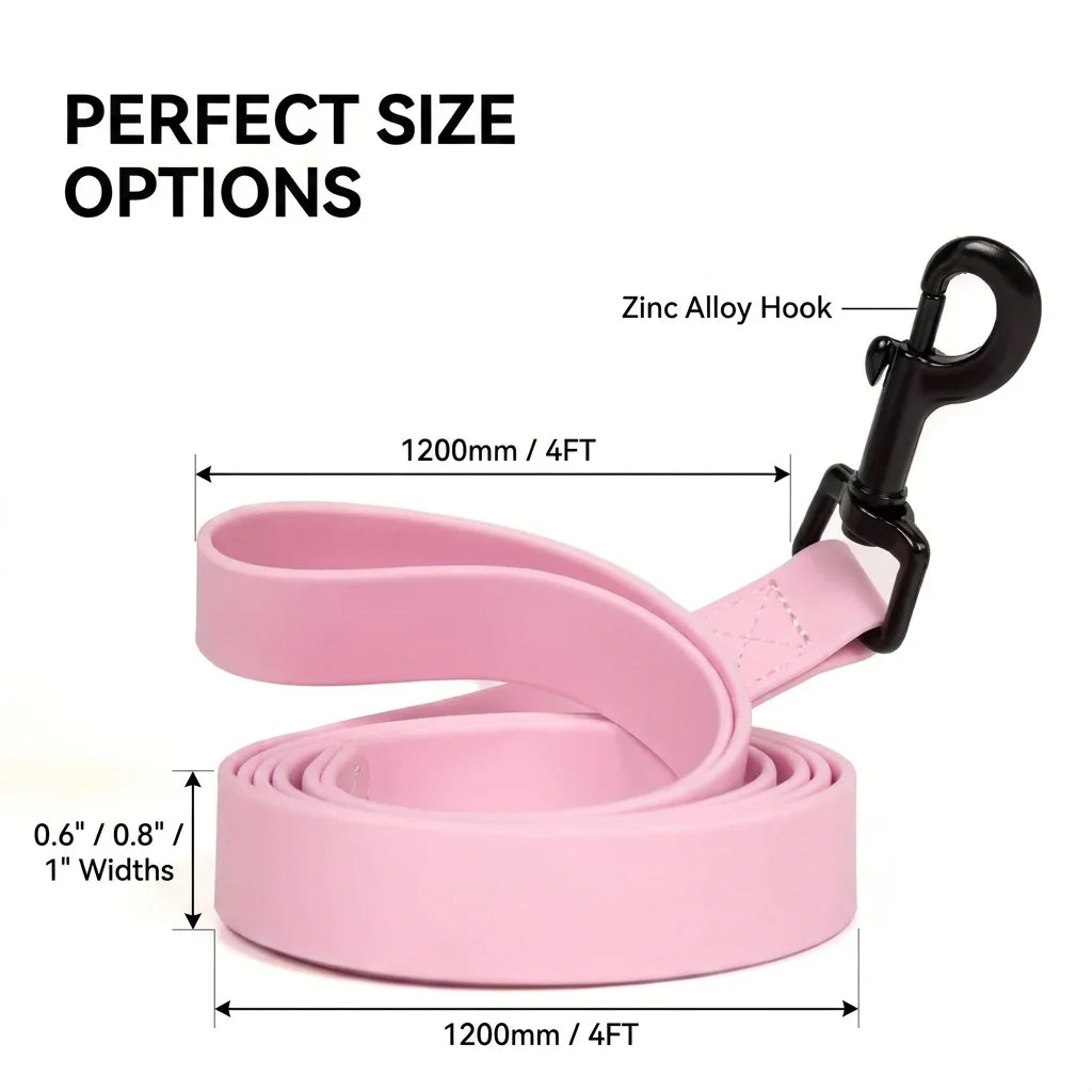 Pink waterproof PVC dog leash with a zinc alloy hook and various size options shown flat
