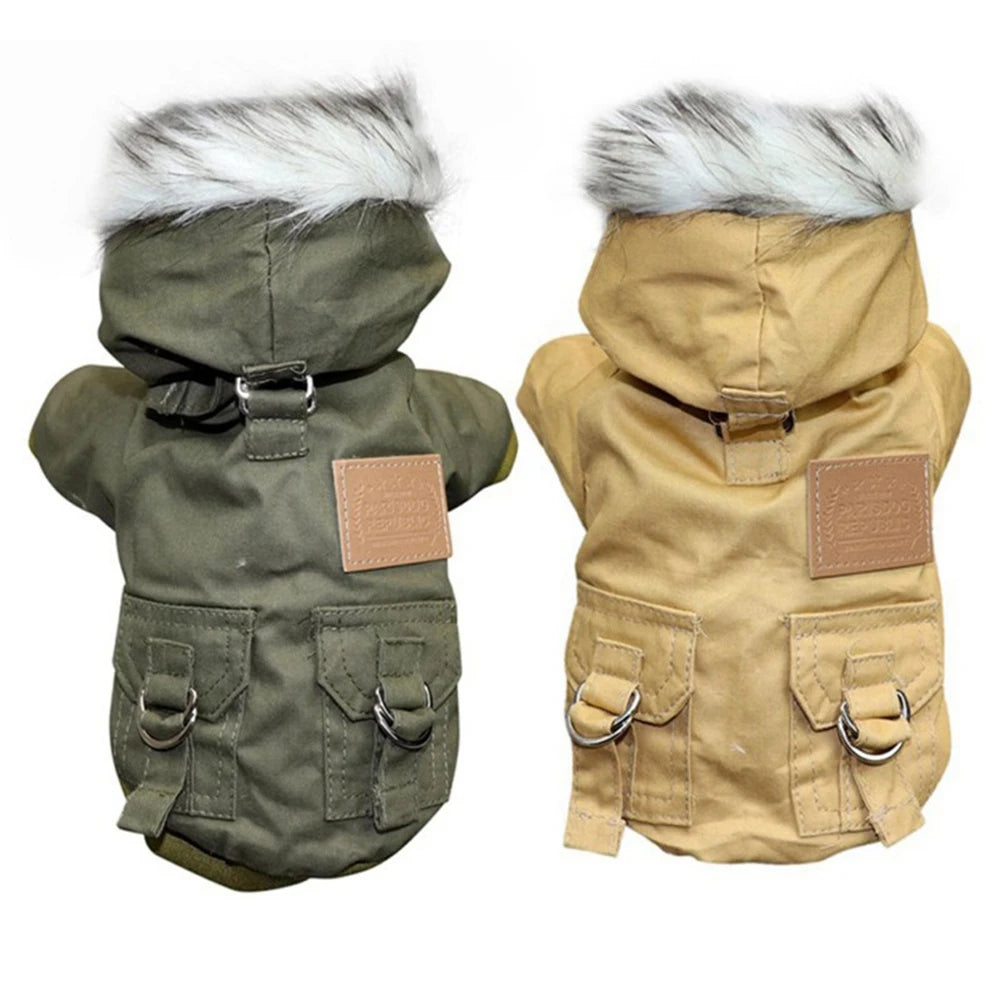 A olive green cozy hooded winter jacket for a small dog with a white fur trim.