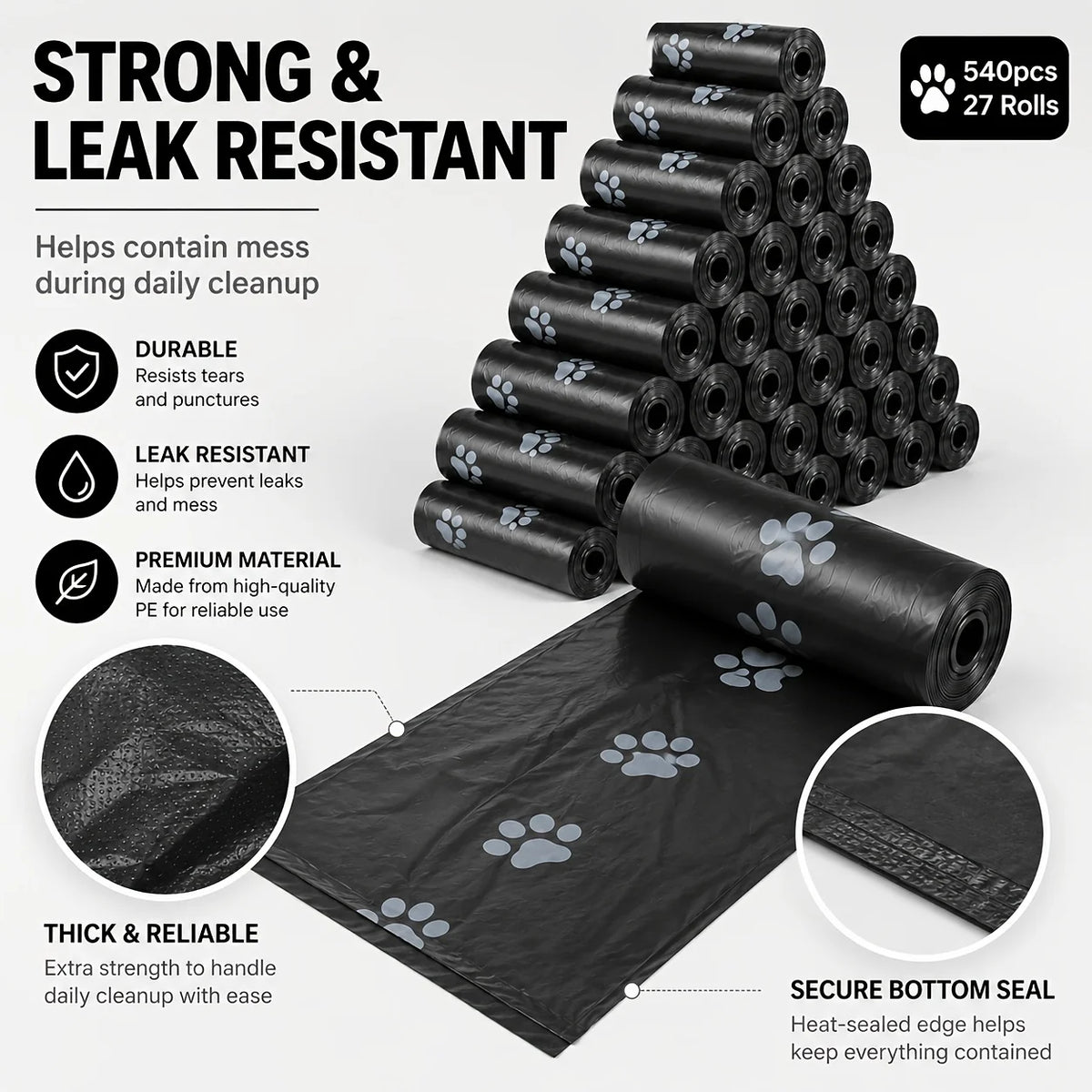 A stack of black leak resistant dog waste bags in rolls, showing the product's durability and features.