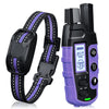 Collar de entrenamiento eléctrico negro para perro con correa morada y unidad de control morada.