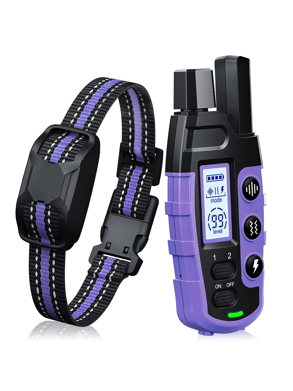 Collar de entrenamiento eléctrico negro para perro con correa morada y unidad de control morada.