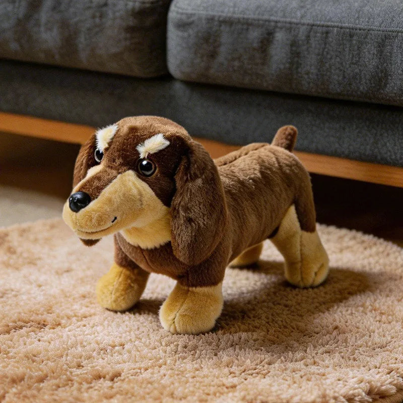 A brown and white dachshund plush toy sitting on a light tan rug next to a gray sofa.
