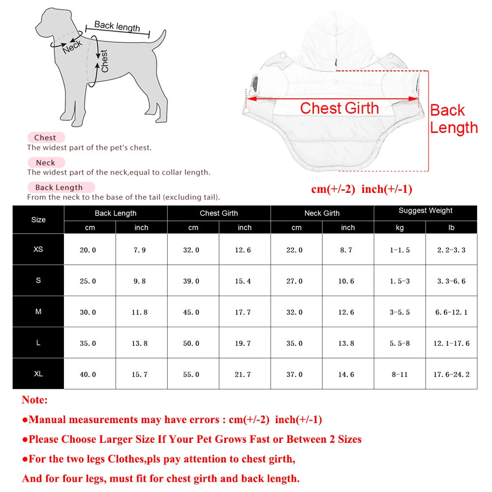 Diagram showing measurements for a Warm Fleece Hoodie Dog Jacket with D-Ring for small and medium pets.