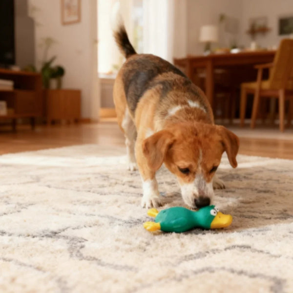A brown and white dog is sniffing a green chicken-shaped squeaky toy on a light-colored rug.