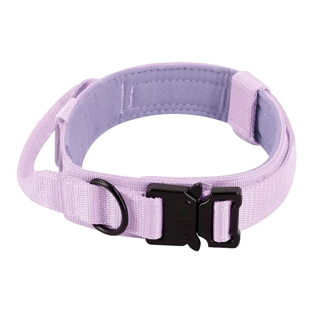 Light purple tactical dog training collar and leash set with a black buckle and handle