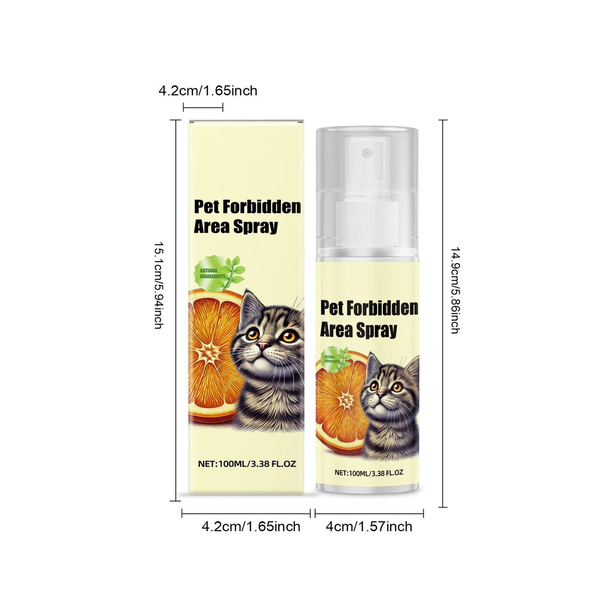 Botella pulverizadora de Pet Forbidden Area Spray con etiqueta amarilla e ilustración de un gato negro.
