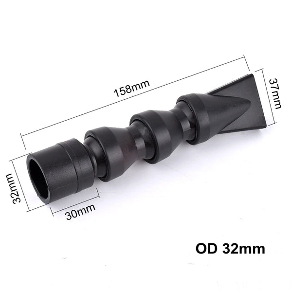 Black adjustable aquarium water outlet nozzle with dimensions 158mm long and 32mm outer diameter