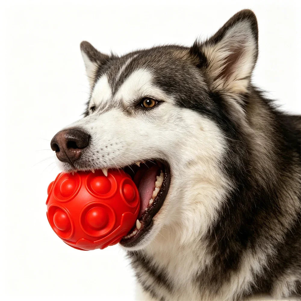 A husky dog is holding a red hexagonal TPR chew toy in its mouth.