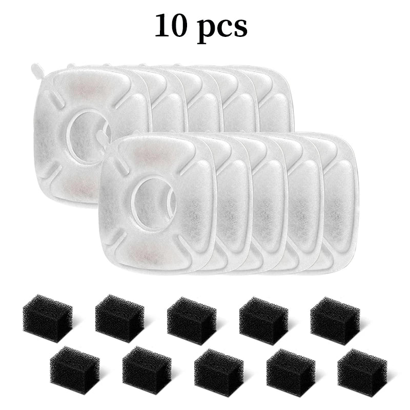 Ten clear silicone replacement filters for a cat water fountain, shown in various shapes and sizes.