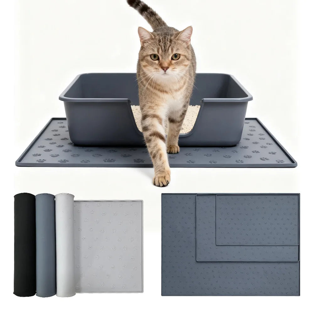 A tabby cat is standing on a gray silicone pet feeding mat with a raised bowl, next to various mats.