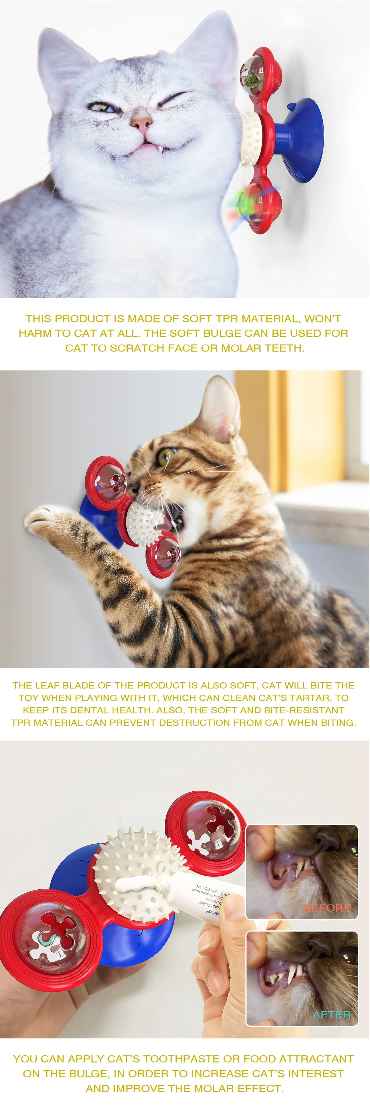 Un chat joue avec un jouet doux et coloré utilisé pour gratter ou user les dents.