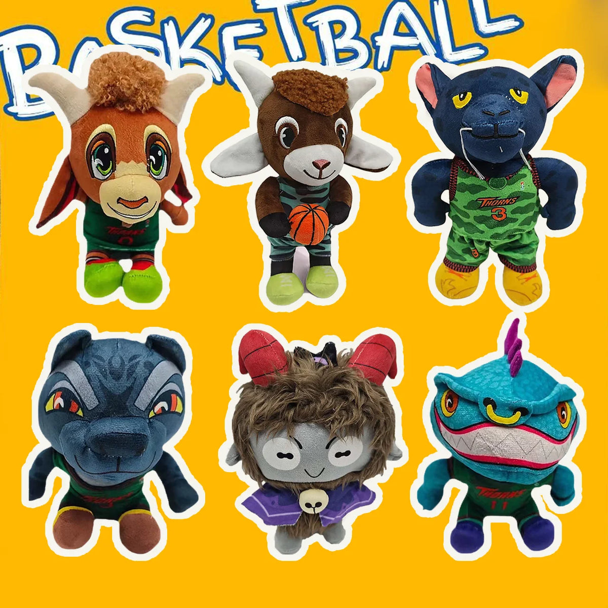 A collection of cute cartoon plush toys featuring animals like goats, cats, and dogs.
