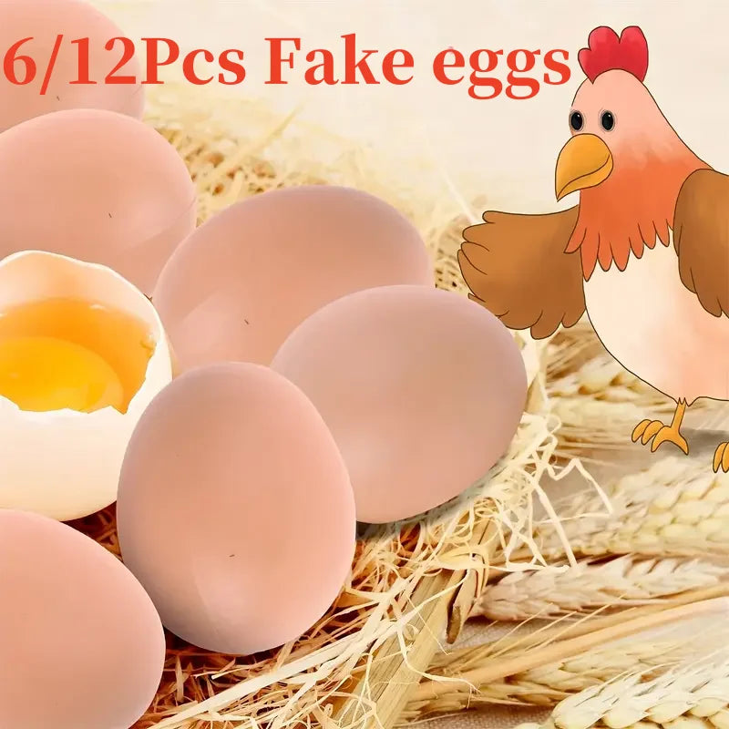 Six fake pink plastic chicken eggs are displayed on straw bedding next to a cartoon chicken.