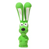 A bright green rubber squeaky rabbit chew toy for dogs.