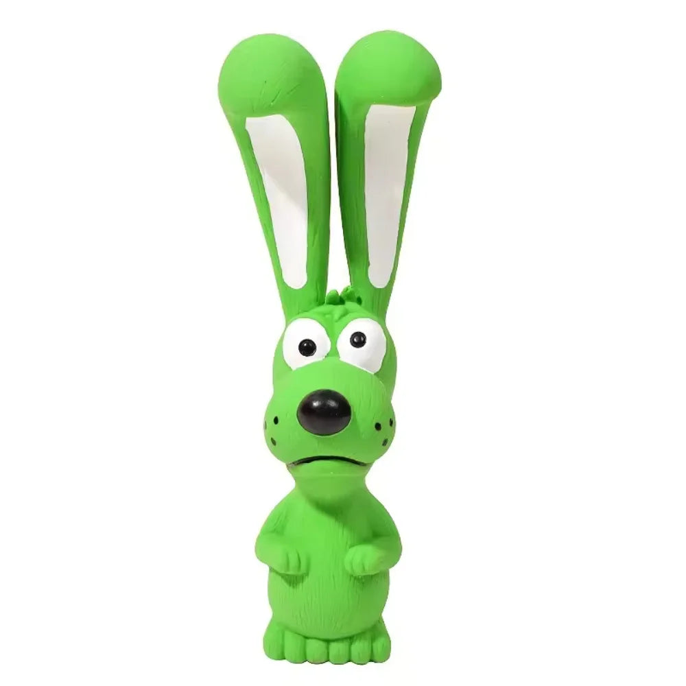 A bright green rubber squeaky rabbit chew toy for dogs.