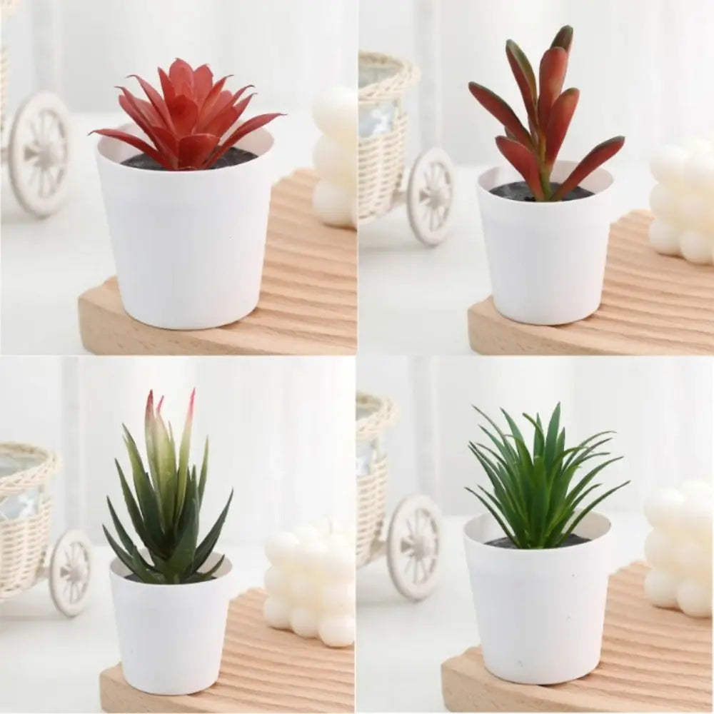 Artificial cactus succulent bonsai plant in a white decorative pot displayed on a wooden surface.