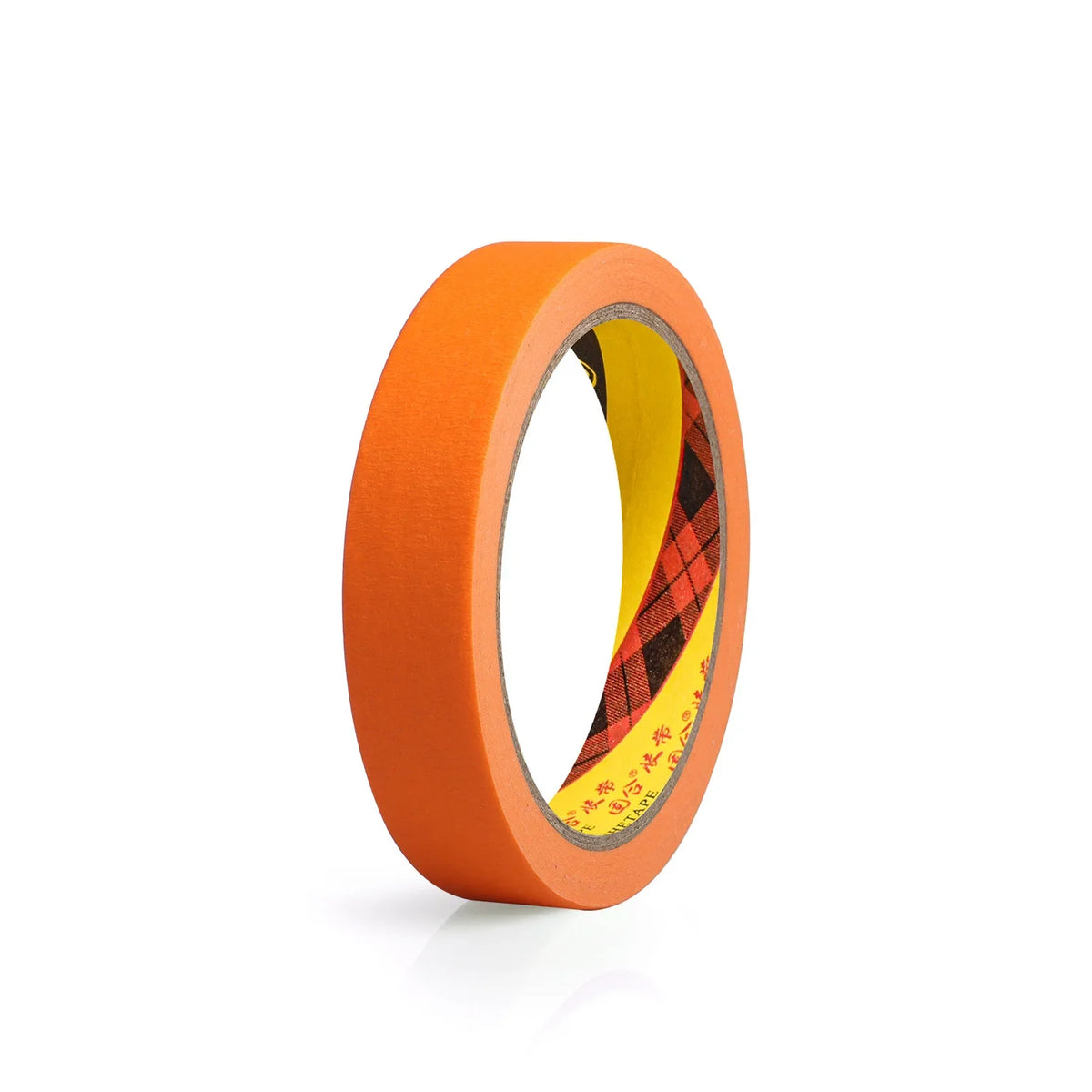 Roll of orange multi-surface masking tape with a plaid pattern visible inside.