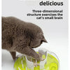 A gray kitten is interacting with a green puzzle feeder bowl designed for cats and small dogs.