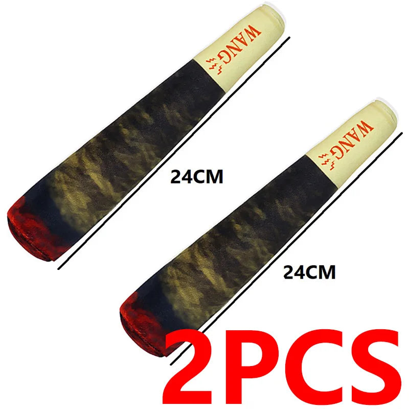 Two long, cylindrical plush dog toys with dark brown and red stripes and 'WANG' text on the end.