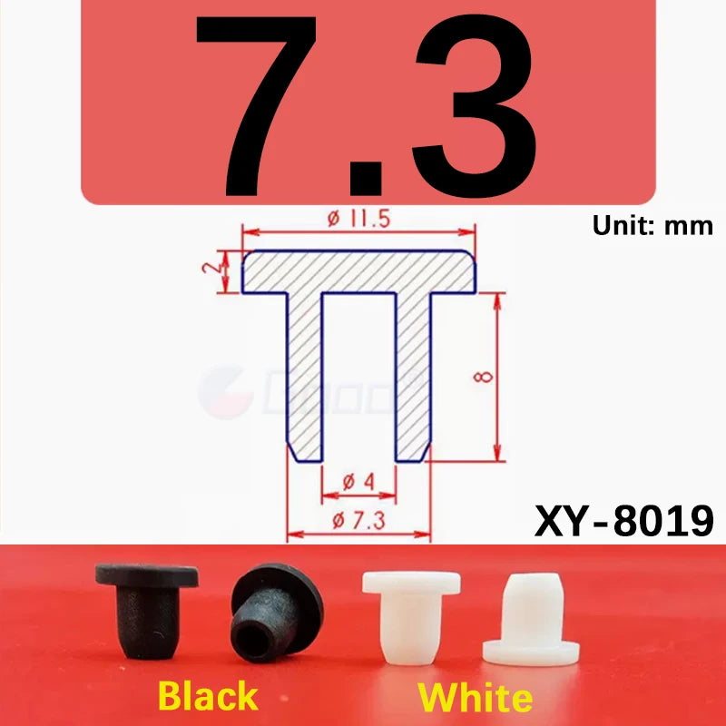 A set of black and white silicone rubber hole plugs with a diameter of 7.3 mm shown next to the product number XY-8019
