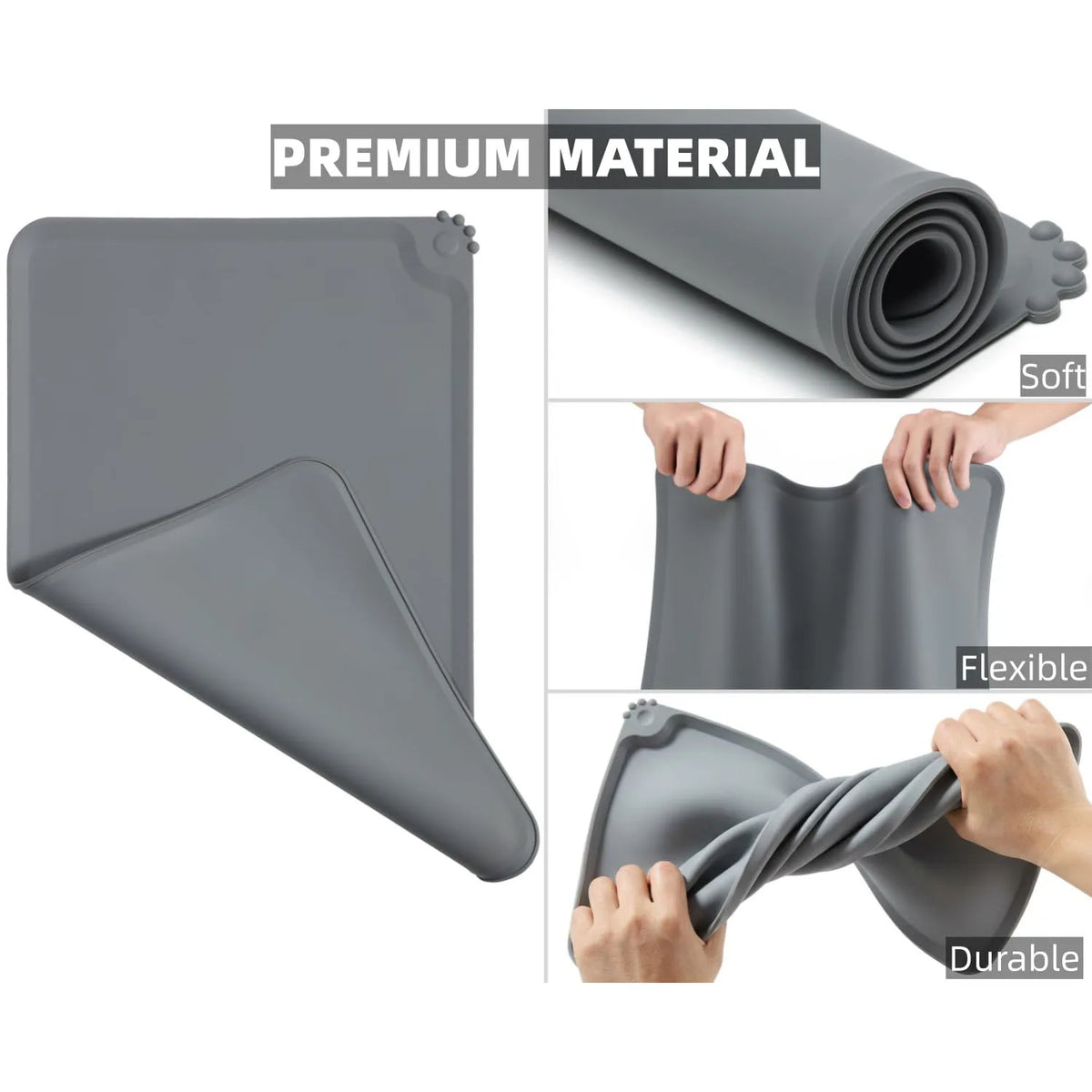 A gray waterproof silicone pet feeding mat with raised edges and non-slip grip shown in various forms.