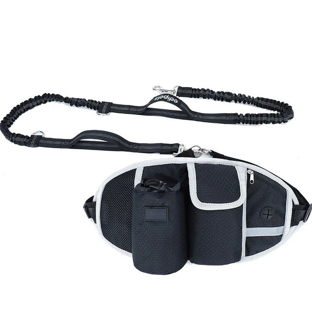 Black hands-free dog walking belt with a treat pouch and bungee leash