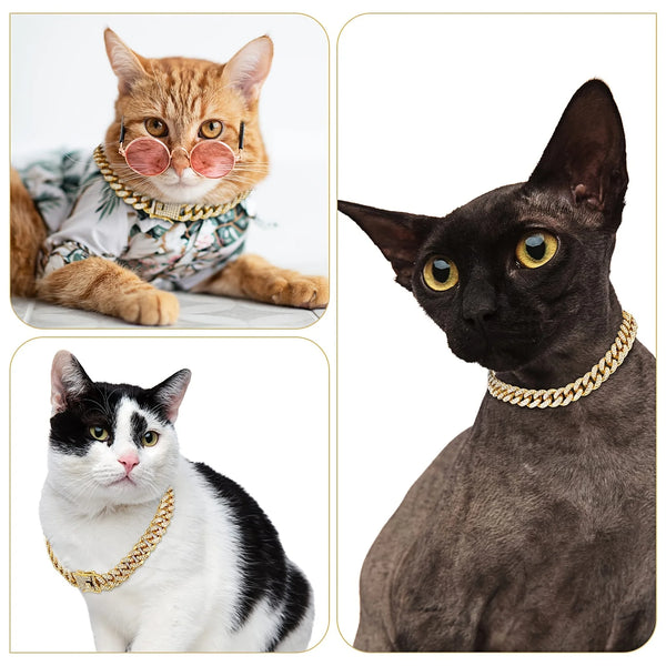 Three cats wearing elegant stainless steel Cuban chain collars: an orange cat with pink glasses, a black cat, and a white and