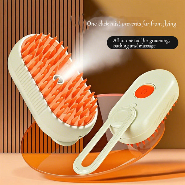 A white pet grooming brush with orange bristles is shown on a glass dish, demonstrating its use for grooming, bathing, and ma