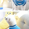 A white dog wearing a blue and white basketball-themed vest sitting on a couch.