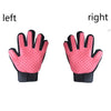 A pair of pink silicone pet grooming gloves shown from the left and right sides.