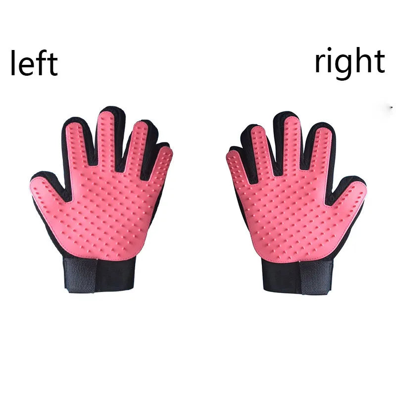 A pair of pink silicone pet grooming gloves shown from the left and right sides.