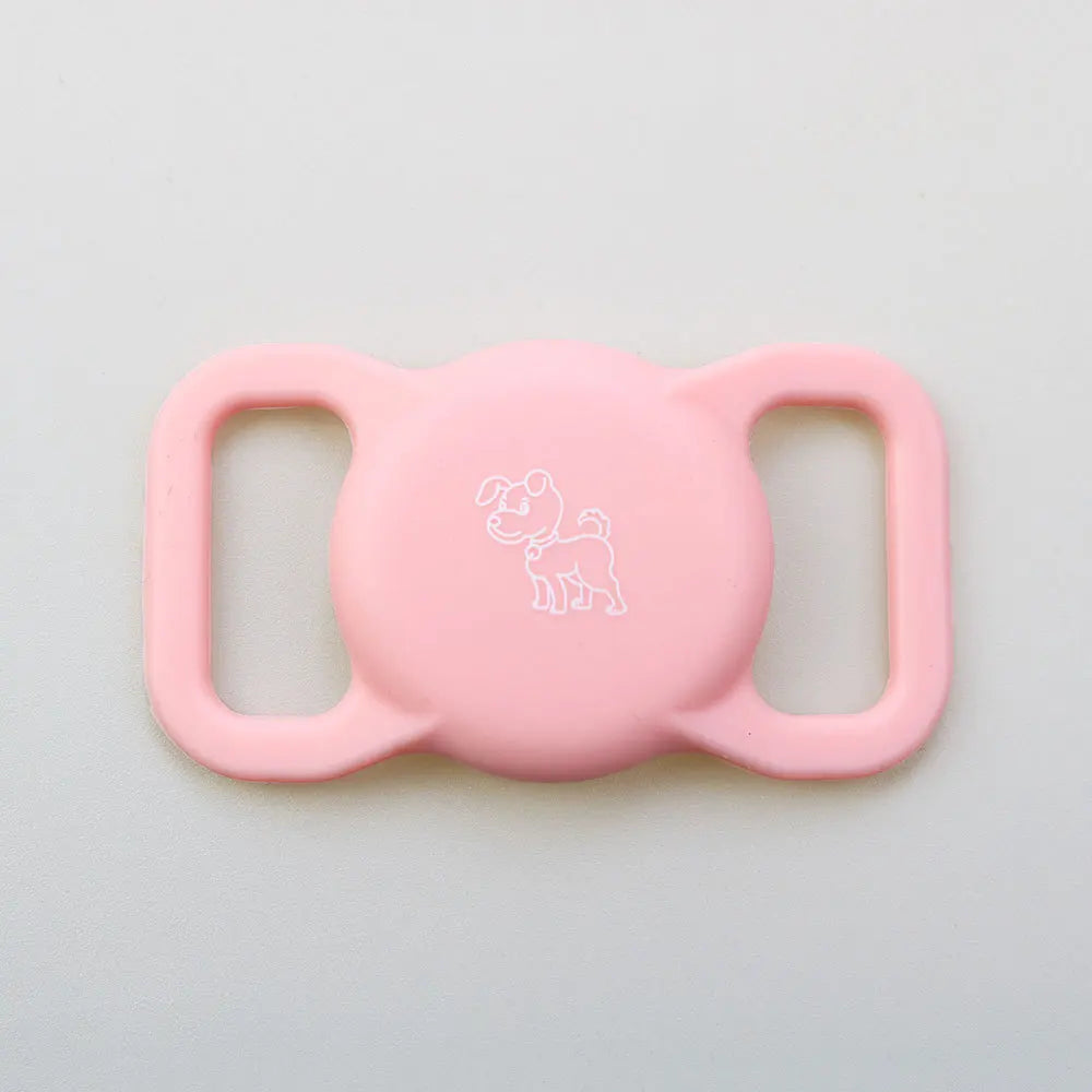 Rosa Silikonhalter mit Schlaufen-Design zum Anbringen eines AirTags an einen Tierhalter.