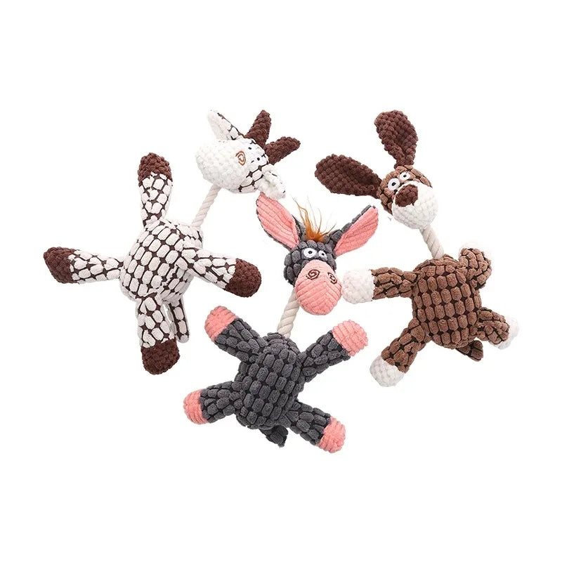 A plush stuffed donkey dog toy with a squeaker made of textured fabric.