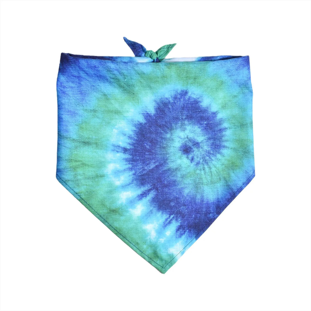 A square fabric bandana featuring a blue and green watercolor tie-dye pattern with a green leaf detail.