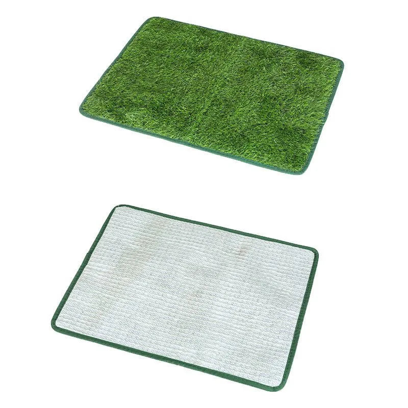A rectangular mat of green artificial dog grass used for potty training.