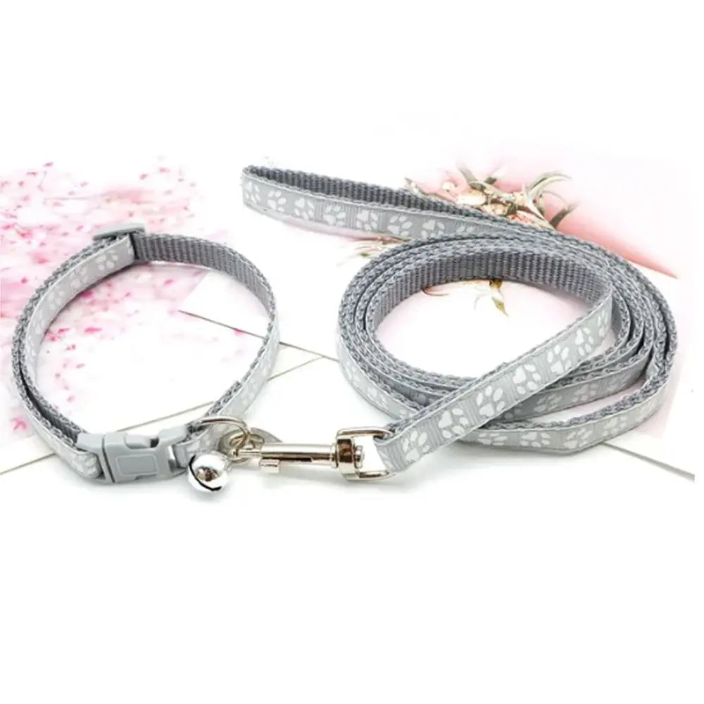 A gray patterned breathable pet walking lead and adjustable collar lying on a white background.