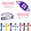 Various adjustable pet collars and ID tags in purple, yellow, blue, pink, and black colors.