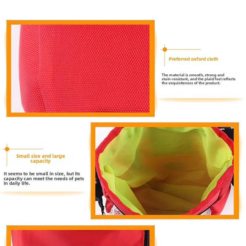 Nahaufnahme einer roten Stofftasche für hands-free Hundeerziehung, die Textur und Innenfutter zeigt.