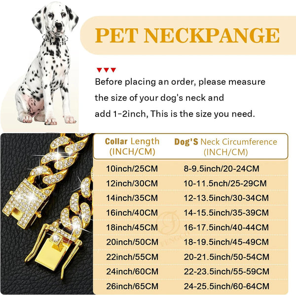 A display of various sizes of luxury gold stainless steel pet chain collars for dogs.