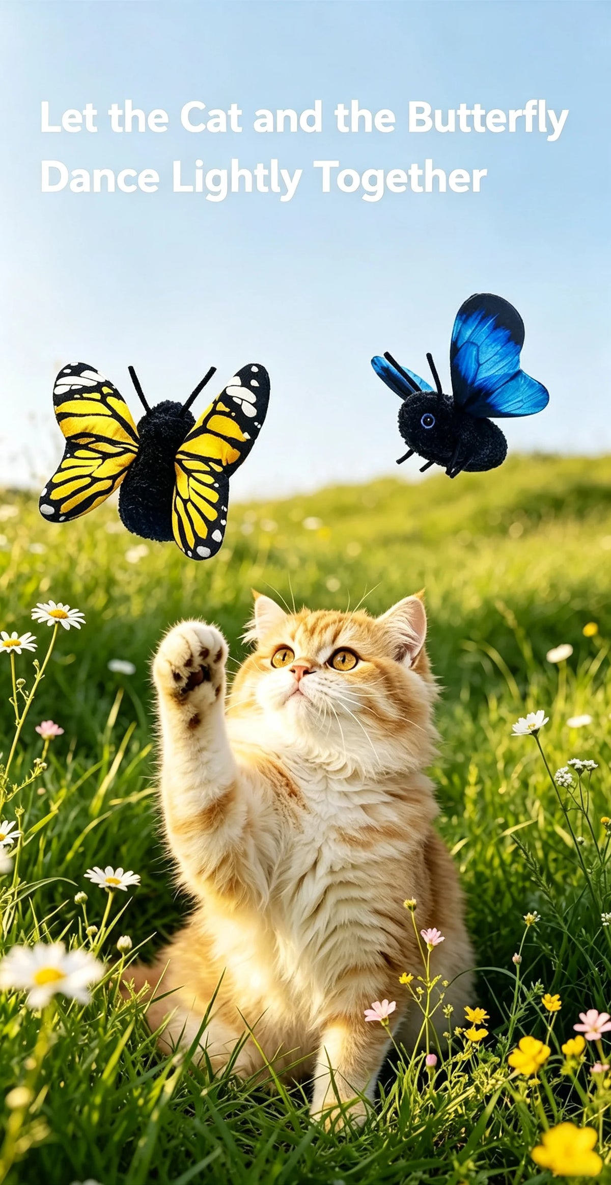 A fluffy orange tabby cat looks up at a blue butterfly in a grassy field.