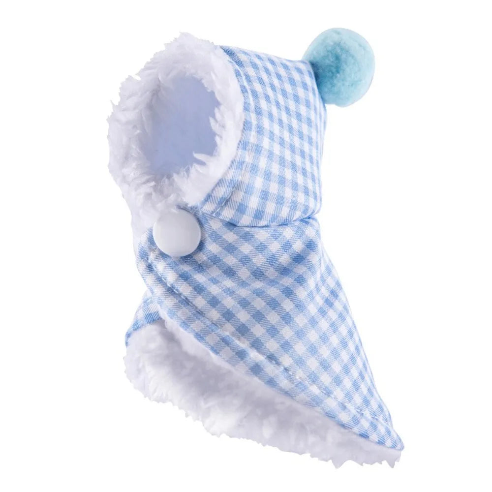 A plush parrot cape and hat set featuring a blue and white plaid pattern with fluffy trim.
