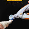 A hand is using a stainless steel pet nail clipper with an LED light to trim a cat's nail.