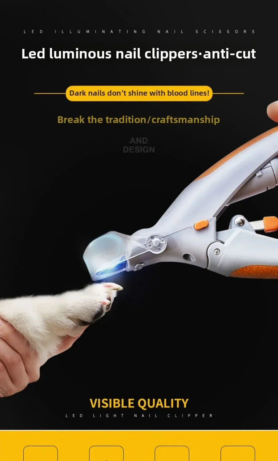 A hand is using a stainless steel pet nail clipper with an LED light to trim a cat's nail.