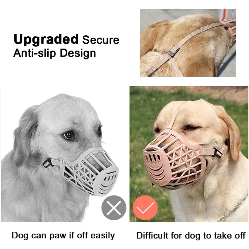 A light pink adjustable anti-bite dog muzzle is shown on a dog, demonstrating an upgraded secure anti-slip design.