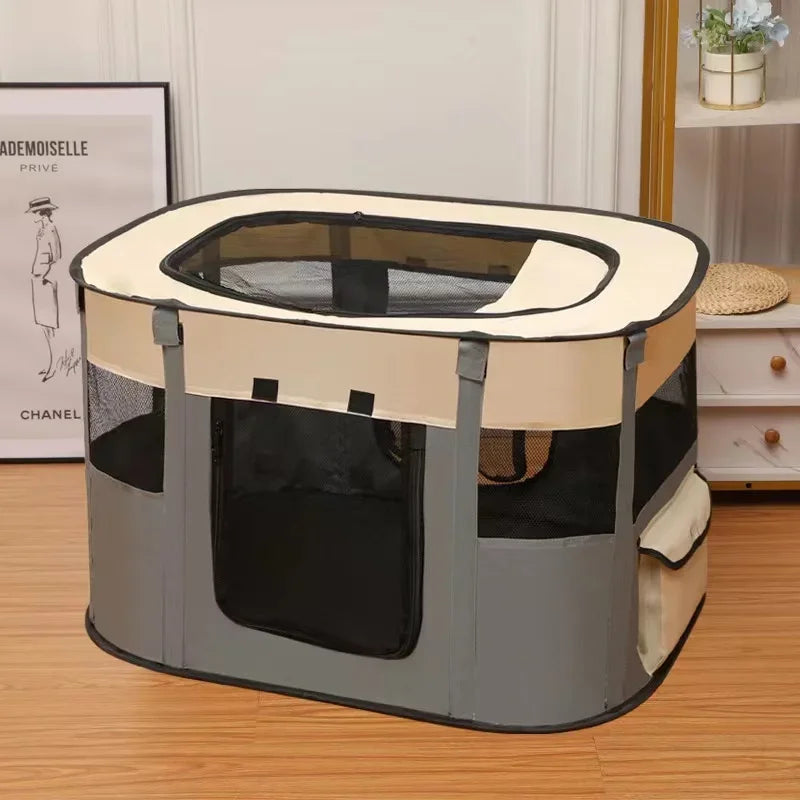 A folding cozy cat tent bed with a plush mat shown on a wooden floor.