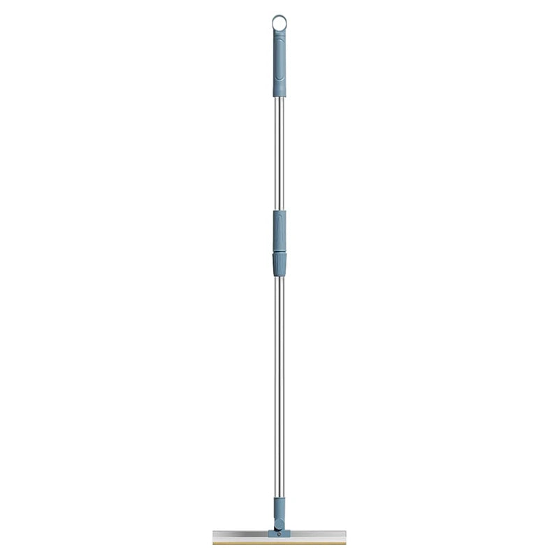 A long-handled pet hair remover tool with a silver shaft, blue grip, and flat cleaning plate.